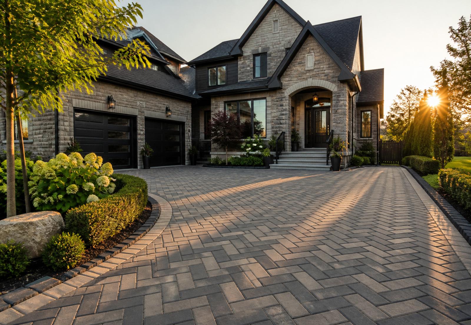 Modern interlocking paver driveway in front of an upscale Canadian home